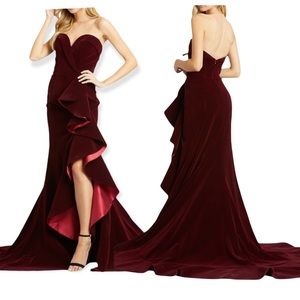 Authentic Mac Duggal Dark Red Velvet Strapless Gown NWT.  Size 14